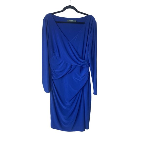 Ralph Lauren Dresses & Skirts - Ralph Lauren Womens Dress Size16 Midi Faux Wrap Cocktail Long Sleeve Sheath Blue